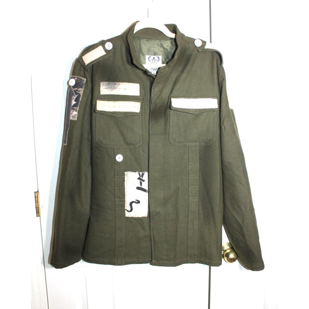 X-ray Mens Green Wool Blend Distressed Military Jacket w/ Patches sz M